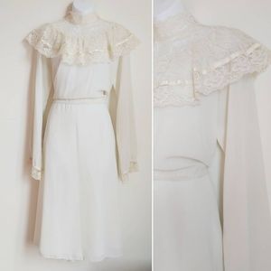 Ms. Chaus 1970s Off White High Collar Lace Dress